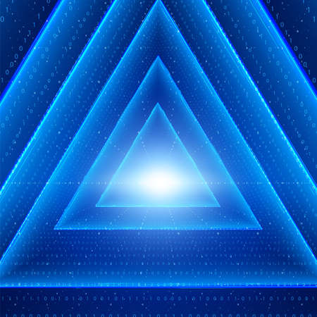 Vector data flow visualization. Triangle glowing tunnel of blue big data flow as binary strings. Cyber world of code.のイラスト素材