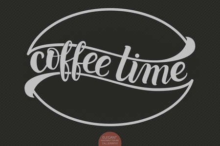Hand drawn lettering - Coffee time with stylized coffee bean. Elegant modern handwritten calligraphy. Vector Ink illustration. Typography poster on dark background. For cards, invitations, prints etc.のイラスト素材