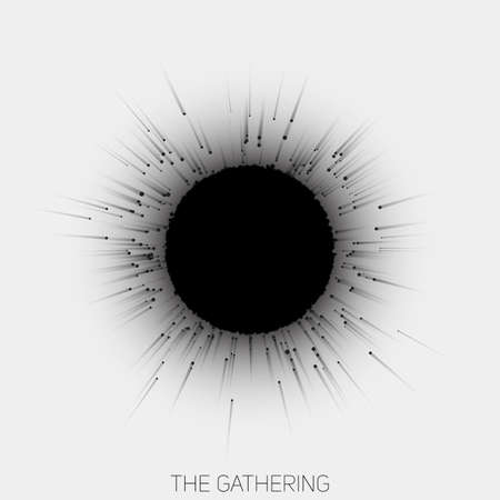 Gathering of point with trails to central object. Nuclear reaction vector illustration. Abstract black and white concept of collaboration. Magnetic attraction of objects to central formationのイラスト素材