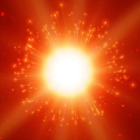 Abstract vector fireworks explosion red background with shining sparks. New Year celebration fireworks. Burst of glowing particles with fireball in the center. Birth or death of the starのイラスト素材