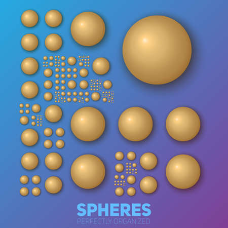 Spheres organized perfectly. Vector balls organized neatly by the grid. Conceptual pearl generative background. Procedural graphics. Perfect order background.のイラスト素材