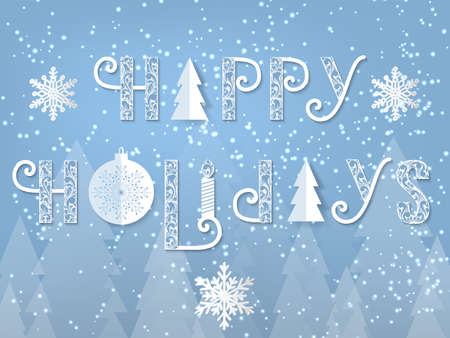 Hand drawn lettering - Happy holidays. Elegant handwritten calligraphy for winter holidays. Volumetric letters with shadow and snowflakes. For cards, invitations, prints etc.のイラスト素材