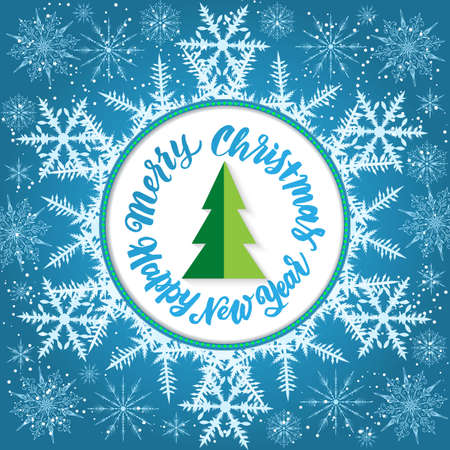 Happy New Year and Merry Christmas gift card. Elegant handwritten calligraphy for winter holidays. Volumetric letters with shadow and snowflakes. For cards, invitations, prints etc.のイラスト素材