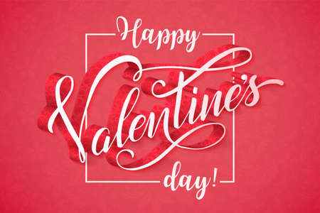 Romantic Happy Valentines Day calligraphy card. Tender elegant light red greeting card with realistic volumetric 3d text decorated with floral ornaments. Vector illustration for you loveのイラスト素材