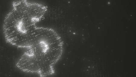 Black abstract 3D big data visualization with dollar symbol. Intricate financial data threads...