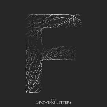Vector letter F of branch or cracked alphabet. F symbol consisting of growing white lines. Fractured letters. Lighting silhouette of capital letters. Abstract font.のイラスト素材