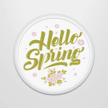Hand drawn lettering Hello Spring in a round frame on the wall.のイラスト素材