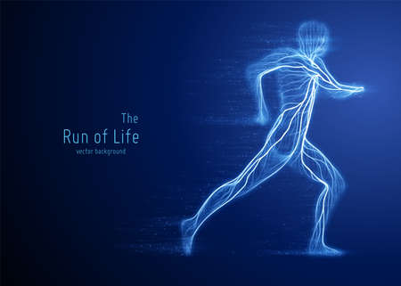 Vector running man constructed with blue lines and flowing particles. Concept of speed and progress in motion. Intricated human silhouette.のイラスト素材