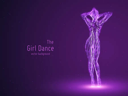 Vector dancing girl constructed with violet lines and glowing particles. Elegant slow dancing pose. Concept of woman beauty in petite dance motion. Intricated femine silhouette in a club.のイラスト素材