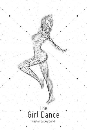 Vector dancing girl constructed with lines and particles. Elegant slow dancing pose. Concept of woman beauty in petite dance motion. Intricate feminine monochrome silhouette in a club.のイラスト素材