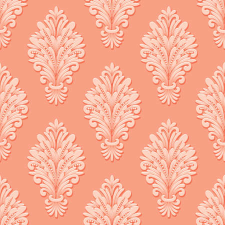 Vector volumetric damask seamless pattern background. Elegant luxury embossed texture for wallpapers, backgrounds and page fill. 3D elements with shadows and highlights.のイラスト素材