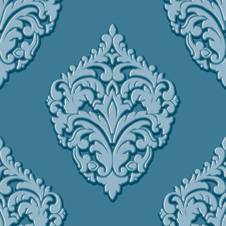 Vector volumetric damask seamless pattern element. Elegant luxury embossed texture for wallpapers, backgrounds and page fill. 3D elements with shadows and highlights.のイラスト素材