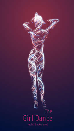 Vector dancing girl constructed with colorful swirl lines. Elegant slow dancing pose. Concept of woman beauty in petite dance motion. Intricated femine silhouette in a club.のイラスト素材
