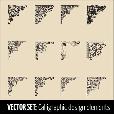Vector set of calligraphic and page decoration corner design elements. Elegant elements for your design. Modern handwritten calligraphy elements. Vector Ink illustrationのイラスト素材