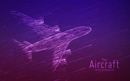 Vector airliner constructed with glowing lines. Thin line wireframe concept. Aircraft flying in sky with motion trails. Travel, tourism, transport concept. Airplane abstract illustration.のイラスト素材