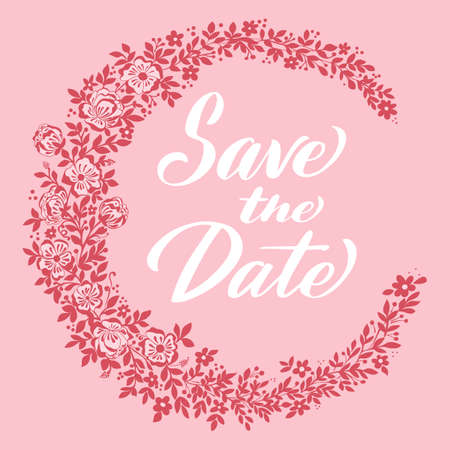 Wedding invitation and announcement card with floral background artwork and Save The Date lettering. Elegant ornate floral background. Floral background and elegant flower elements. Design template.のイラスト素材