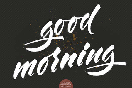 Vector hand drawn lettering Good Morning. Elegant modern calligraphy ink illustration with greetings. Typography poster on dark background. For cards, invitations, prints etc. Motivation quote.のイラスト素材