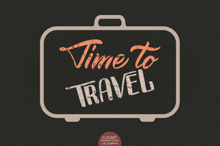 Vector hand drawn lettering Time To Travel. Elegant modern ink illustration with travel suitcase. Typography poster for cards, invitations, prints etc. Quote about travel and adventure.のイラスト素材
