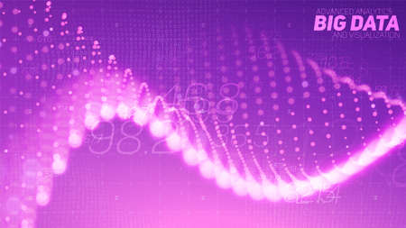 Vector abstract data particle wave, points array, shallow depth of field. Futuristic illustration. Big Data digital technology splash of data points. Point dance waveform. Cyber UI, HUD element.のイラスト素材