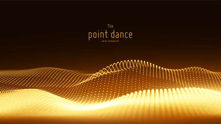 Vector abstract golden particle wave, points array, shallow depth of field. Futuristic illustration. Technology digital splash or explosion of data points. Point dance waveform. Cyber UI, HUD element