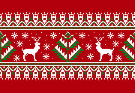 Vector illustration of folk seamless pattern ornament. Ethnic New Year red ornament with pine trees and deers. Cool ethnic border element for your designsのイラスト素材
