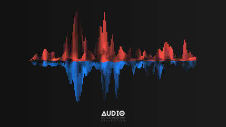 Vector audio wavefrom. Abstract music waves oscillation. Futuristic sound wave visualization. Synthetic music technology sample. Tune print. Red and blue frequencies.のイラスト素材