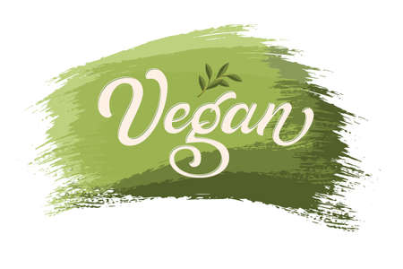 Hand drawn lettering Vegan on a paint brush stroke. Vector Ink illustration. Typography poster on black background. Organic, natural design template for cards, invitations, prints etcのイラスト素材
