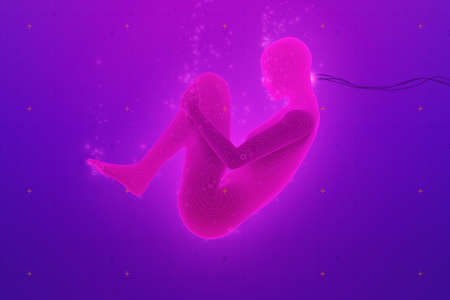 Vector futuristic cyberpunk human genesis background. Birth of artificial intelligence. Human cloning concept. Futuristic android creation process illustration. Mystical hi-tech bioengineeringのイラスト素材