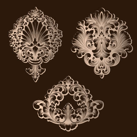 Vector set of damask ornamental elements. Elegant floral abstract elements for design. Perfect for invitations, cards etcのイラスト素材
