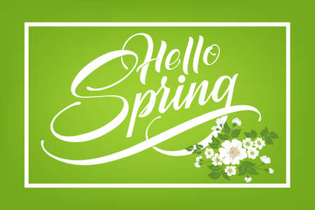 Hand drawn lettering Hello Spring. Elegant modern handwritten calligraphy. Vector Ink illustration on green background with flowers. For cards, invitations, prints etcのイラスト素材
