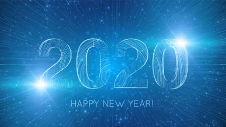 Vector 2020 text constructed with glowing lines with lightspeed burst on background. Bright Happy...