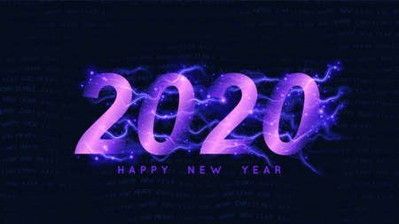 Happy New 2020 Year background. Glowing violet 2020 text with sparks trails. Fairy new year intricate, detailed background with wavy warped text Happy New Yearのイラスト素材