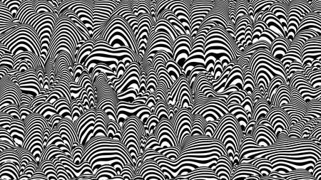 Trendy 3D black and white stripes distorted backdrop. Abstract noise landscape. Procedural ripple background with optical illusion effectのイラスト素材