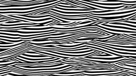 Trendy 3D black and white stripes distorted backdrop. Abstract noise landscape. Procedural ripple background with optical illusion effectのイラスト素材