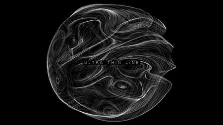 Ultra thin line fluid geometry. Dynamic vector distorted spheres. Digital fractal 3d swirl. Futuristic sound or data waveform. Chaotic particle wave motion trailsのイラスト素材