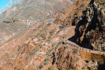 Narrow road in Anaga mountains to village El Draguillo. Road over Benijo beach, Tenerife, Spain