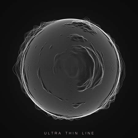 Ultra thin line fluid geometry. Dynamic vector distorted spheres. Digital fractal 3d swirl. Futuristic sound or data waveform. Chaotic particle wave motion trailsのイラスト素材