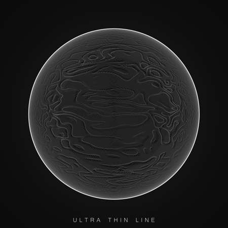 Ultra thin line fluid geometry. Dynamic vector distorted spheres. Digital fractal 3d swirl. Futuristic sound or data waveform. Chaotic particle wave motion trailsのイラスト素材