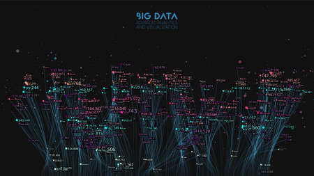 Vector abstract colorful big data cloud. Information visualization. Social network, financial analysis of complex databases. Visual information complexity clarification. Strange intricate data cloud.のイラスト素材