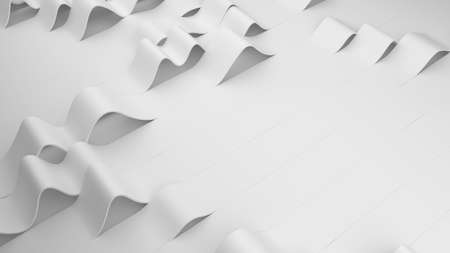 White folds of stripes on a surface. Deformed creased surface with soft light. Modern bright backdrop with wrinkles in minimalistic style. 3D Render Illustration.の写真素材