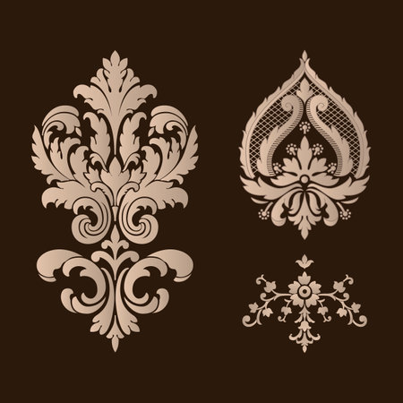 Vector set of damask ornamental elements. Elegant floral abstract elements for design. Perfect for invitations, cards etcのイラスト素材