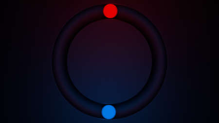 Glowing balls rolling in circular gutter. Minimal background with illuminated red and blue sphere. Conceptual 3d render illustration backdrop.の写真素材