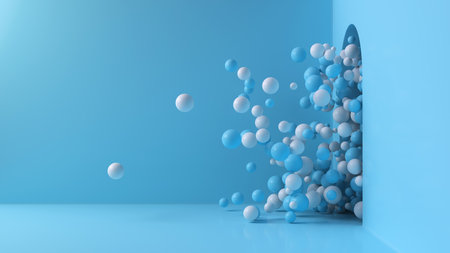 Blue and white balls shoot out of the open door into a large bright room. Background with copy space. 3D render illustration.の写真素材