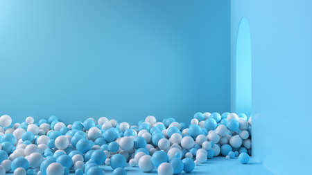 Blue and white balls pour out of the open door into a large bright room. Background with copy space....