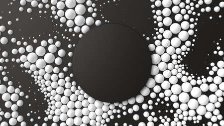 White spheres around central empty dark circle. Abstract spheres of random size. Clean light background. 3d render illustration.の写真素材