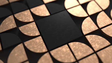 Modern dark background with swiss styled semicircular black and golden 3d elements changing pattern. Minimal dark background with shallow DOF. 3d render illustration.の写真素材