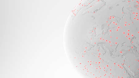Europe with red dots all over surface. Europe with 3D relief. Signals of  cases on map. 3d render...