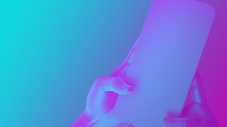 Close up of 3d hands with smart phone. Gadget concept in vaporvawe style cyan and violet colors. Mobile device 3d render illustration.の写真素材