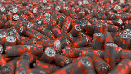 Close up of large pack of rusted batteries with soft focus. Environment conservation concept. Wrong...