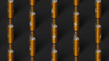 Isometric view on organized rows of AA golden batteries. Green energy and rechargeable power supply...